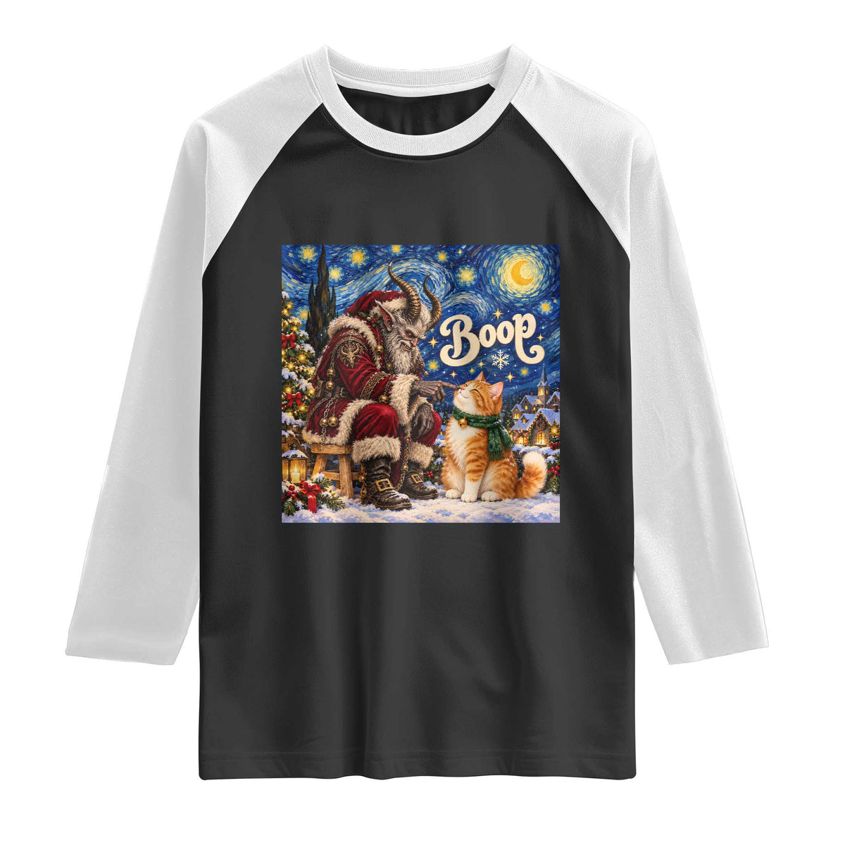 Krampus Cat Nose Boop Starry Night Raglan Shirt Funny Christmas Gift
