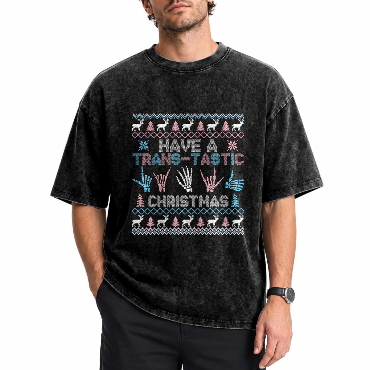 LGBTQ Trans Pride Washed Cotton T-Shirt Have A Trans Tastic Ugly Christmas Gift
