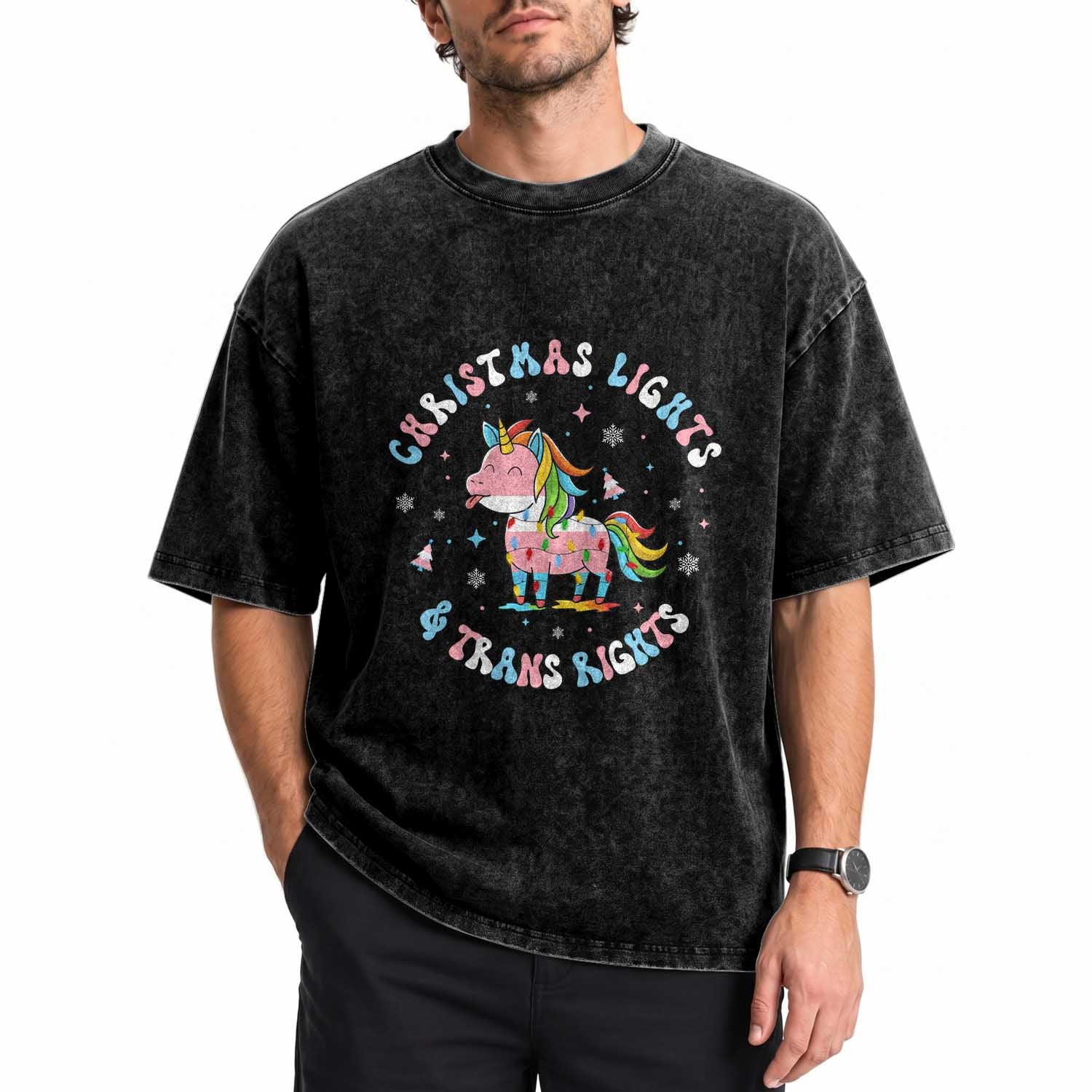 Christmas Lights And Trans Rights Washed Cotton T-Shirt Magical Unicorn Pride