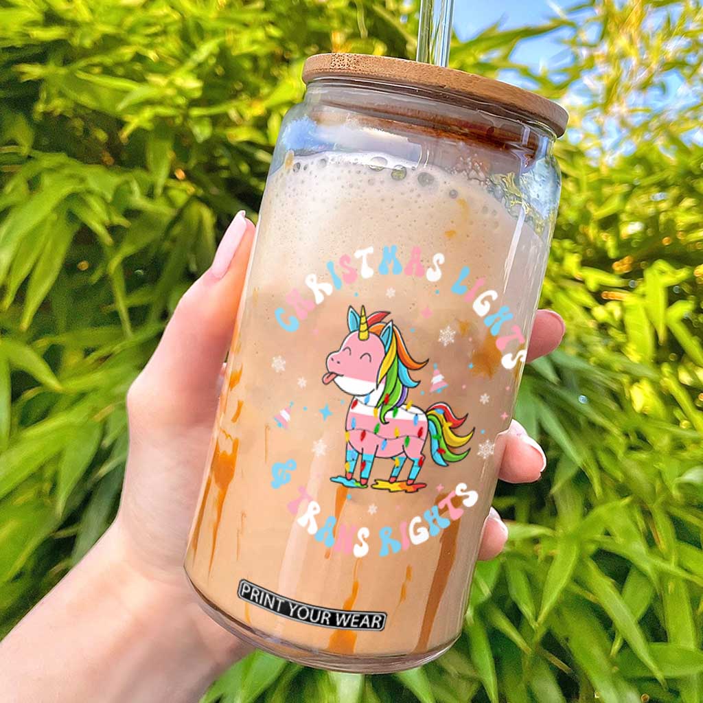 Christmas Lights And Trans Rights Glass Can Magical Unicorn Pride TS12 Black Print Your Wear