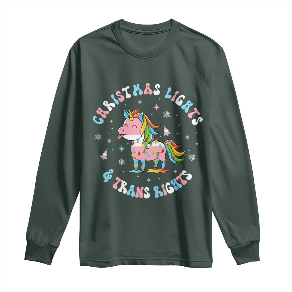 Christmas Lights And Trans Rights Long Sleeve Shirt Magical Unicorn Pride TS12 Dark Forest Green Print Your Wear