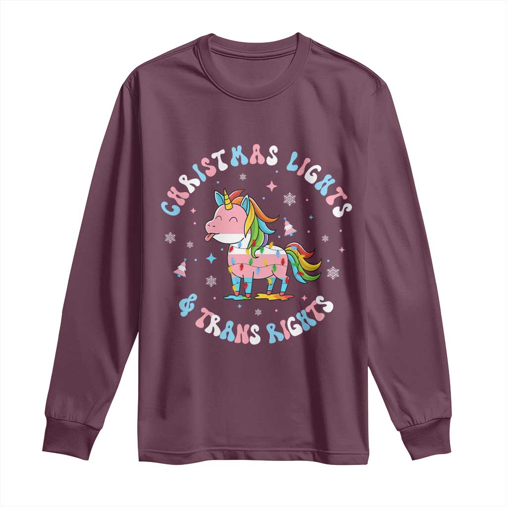 Christmas Lights And Trans Rights Long Sleeve Shirt Magical Unicorn Pride TS12 Maroon Print Your Wear