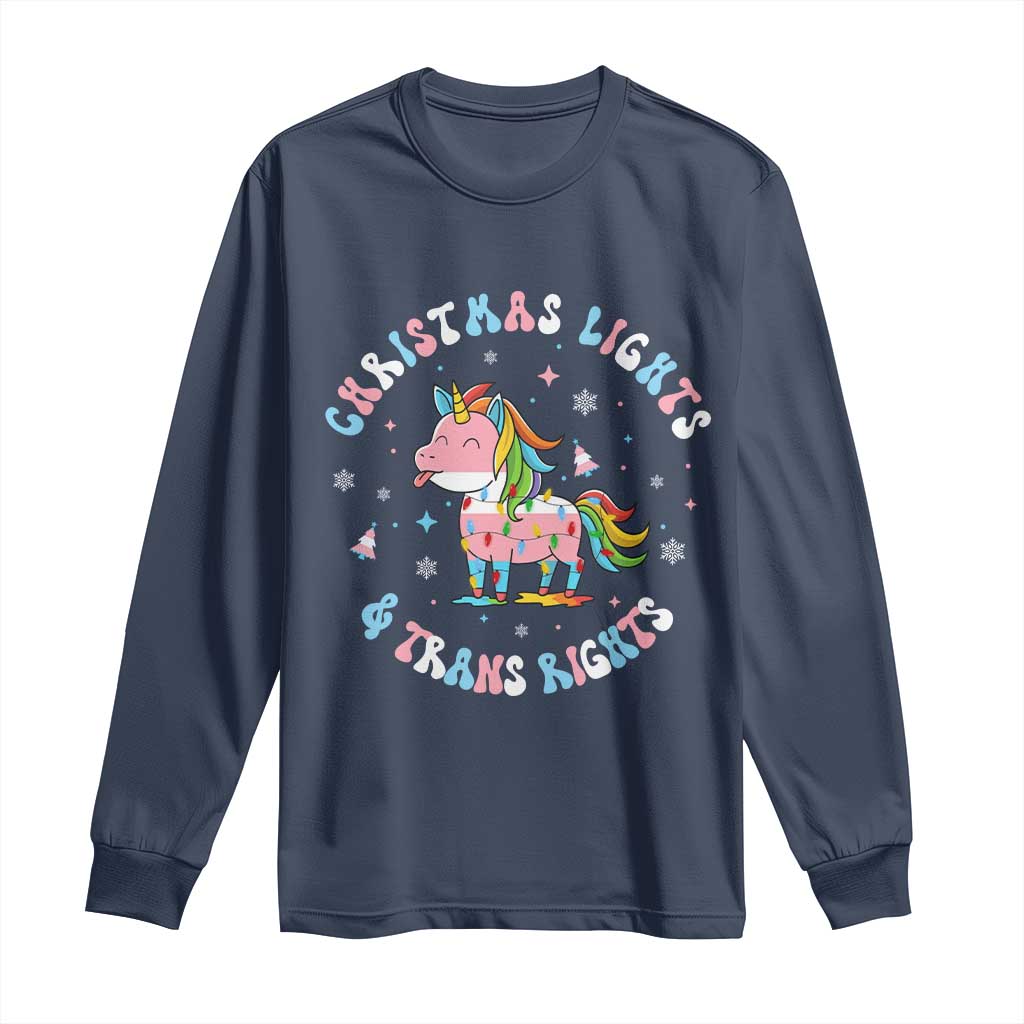 Christmas Lights And Trans Rights Long Sleeve Shirt Magical Unicorn Pride TS12 Navy Print Your Wear