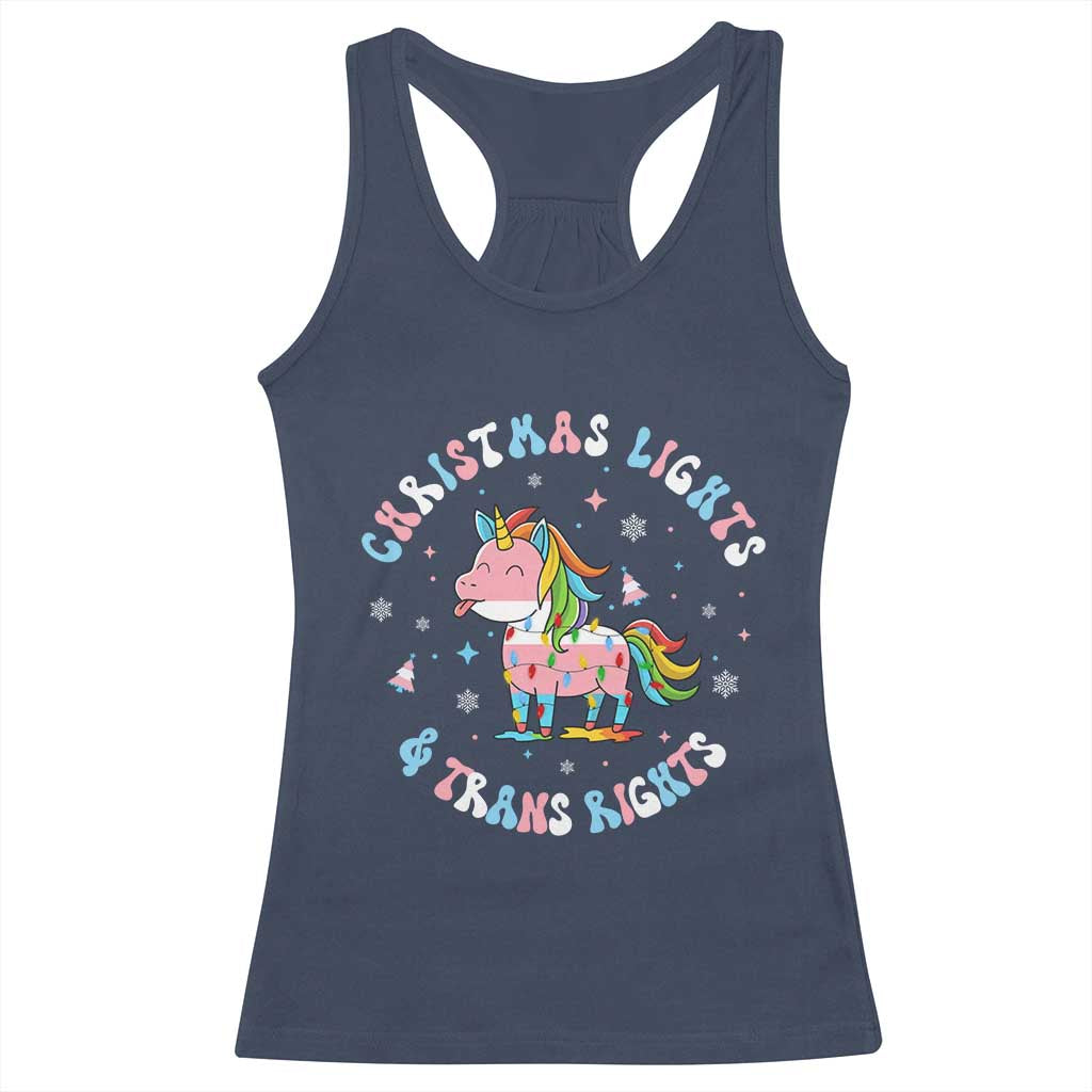 Christmas Lights And Trans Rights Racerback Tank Top Magical Unicorn Pride TS12 Navy Print Your Wear