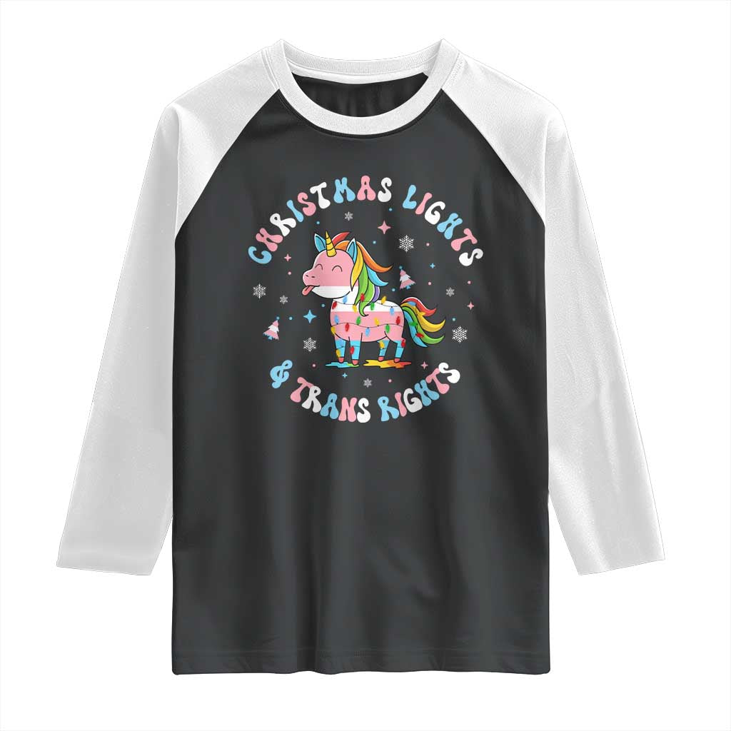 Christmas Lights And Trans Rights Raglan Shirt Magical Unicorn Pride TS12 Black White Print Your Wear