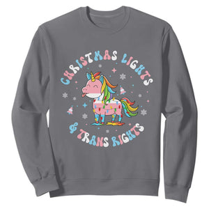 Christmas Lights And Trans Rights Sweatshirt Magical Unicorn Pride TS12 Charcoal Print Your Wear