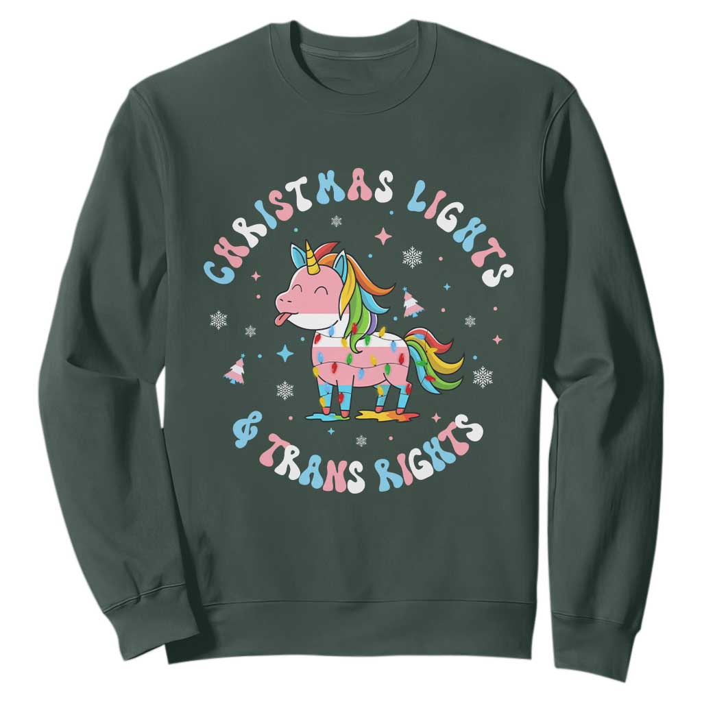 Christmas Lights And Trans Rights Sweatshirt Magical Unicorn Pride TS12 Dark Forest Green Print Your Wear