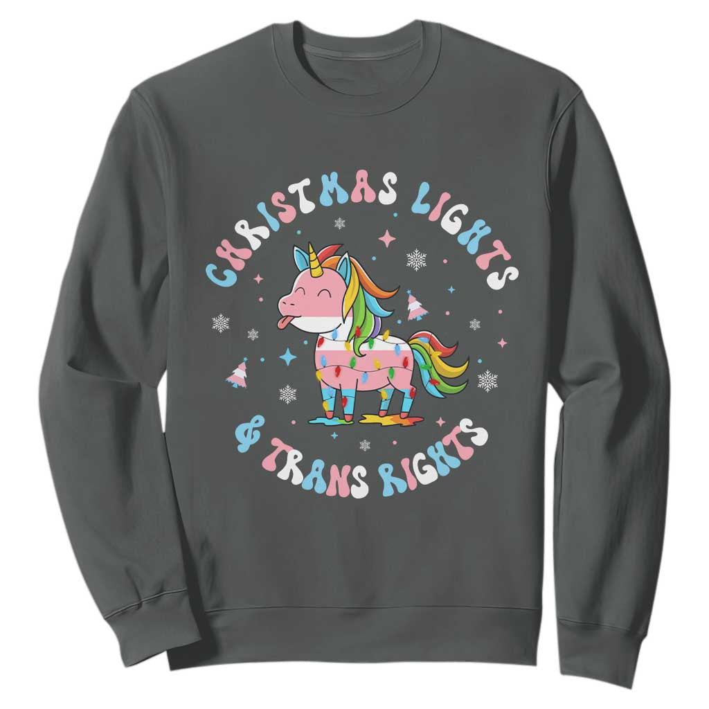 Christmas Lights And Trans Rights Sweatshirt Magical Unicorn Pride TS12 Dark Heather Print Your Wear
