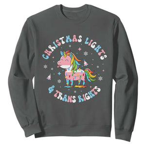 Christmas Lights And Trans Rights Sweatshirt Magical Unicorn Pride TS12 Dark Heather Print Your Wear