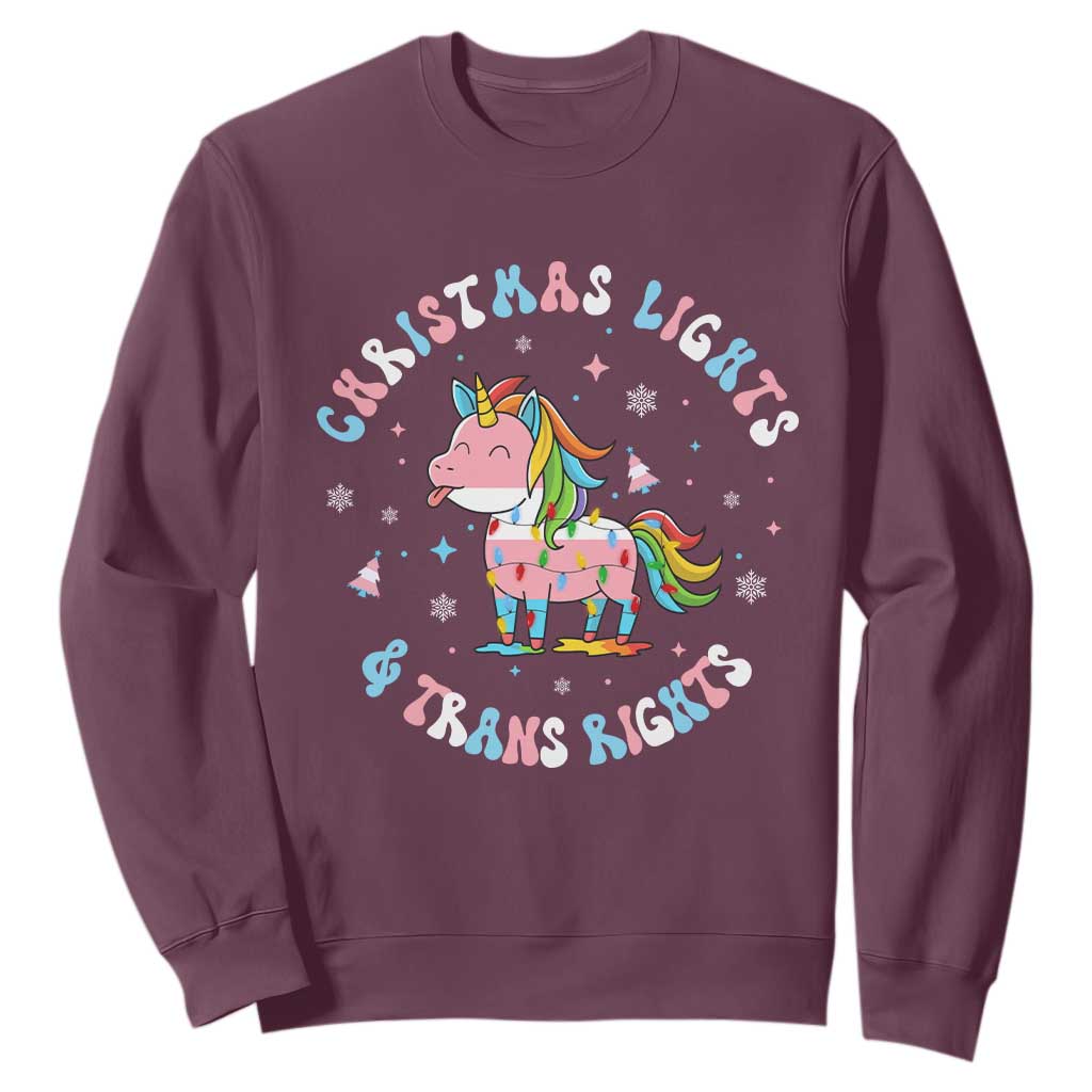 Christmas Lights And Trans Rights Sweatshirt Magical Unicorn Pride TS12 Maroon Print Your Wear