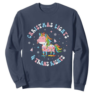 Christmas Lights And Trans Rights Sweatshirt Magical Unicorn Pride TS12 Navy Print Your Wear