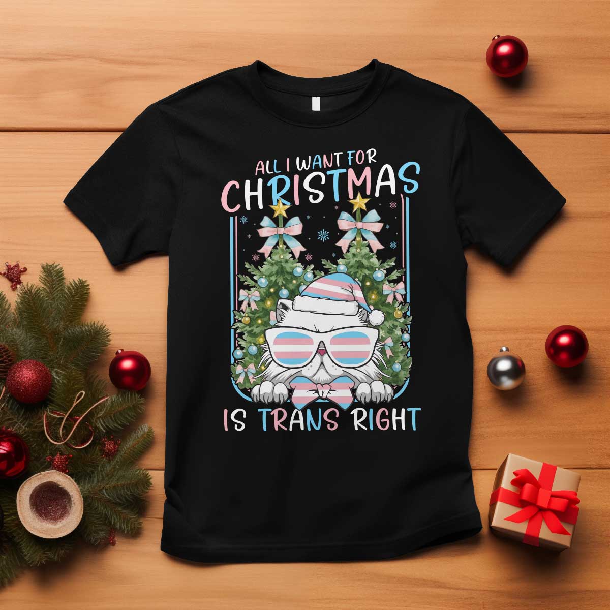 Funny Santa Cat Trans Pride T Shirt All I Want For Christmas Is Trans Rights TS12 Black Print Your Wear