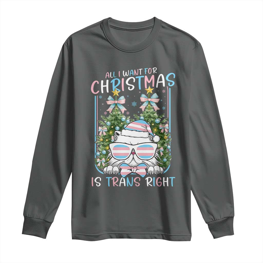 Funny Santa Cat Trans Pride Long Sleeve Shirt All I Want For Christmas Is Trans Rights TS12 Dark Heather Print Your Wear