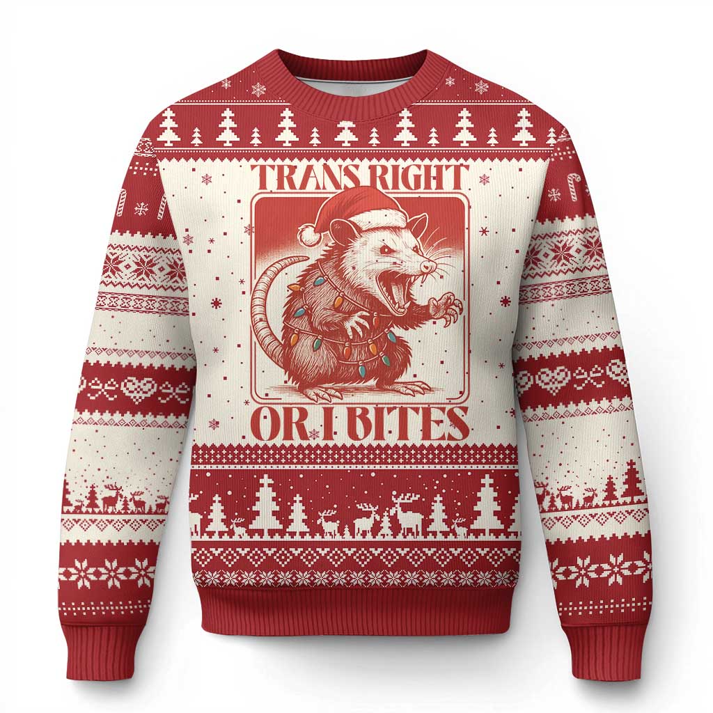 Funny Fierce Opossum Santa Ugly Christmas Sweater Trans Right Or I Bites Christmas Gift TS12 Beige Red Print Your Wear