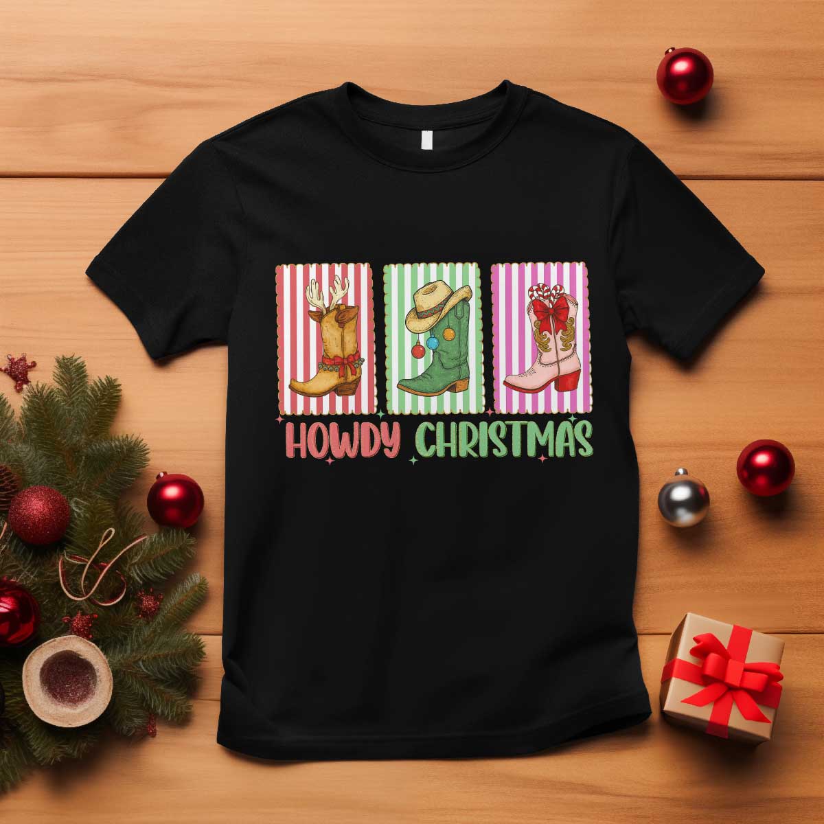 Howdy Christmas Cowboy Boots Western Pride T Shirt TS12 Black Print Your Wear