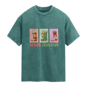 Howdy Christmas Cowboy Boots Western Pride Washed Cotton T-Shirt