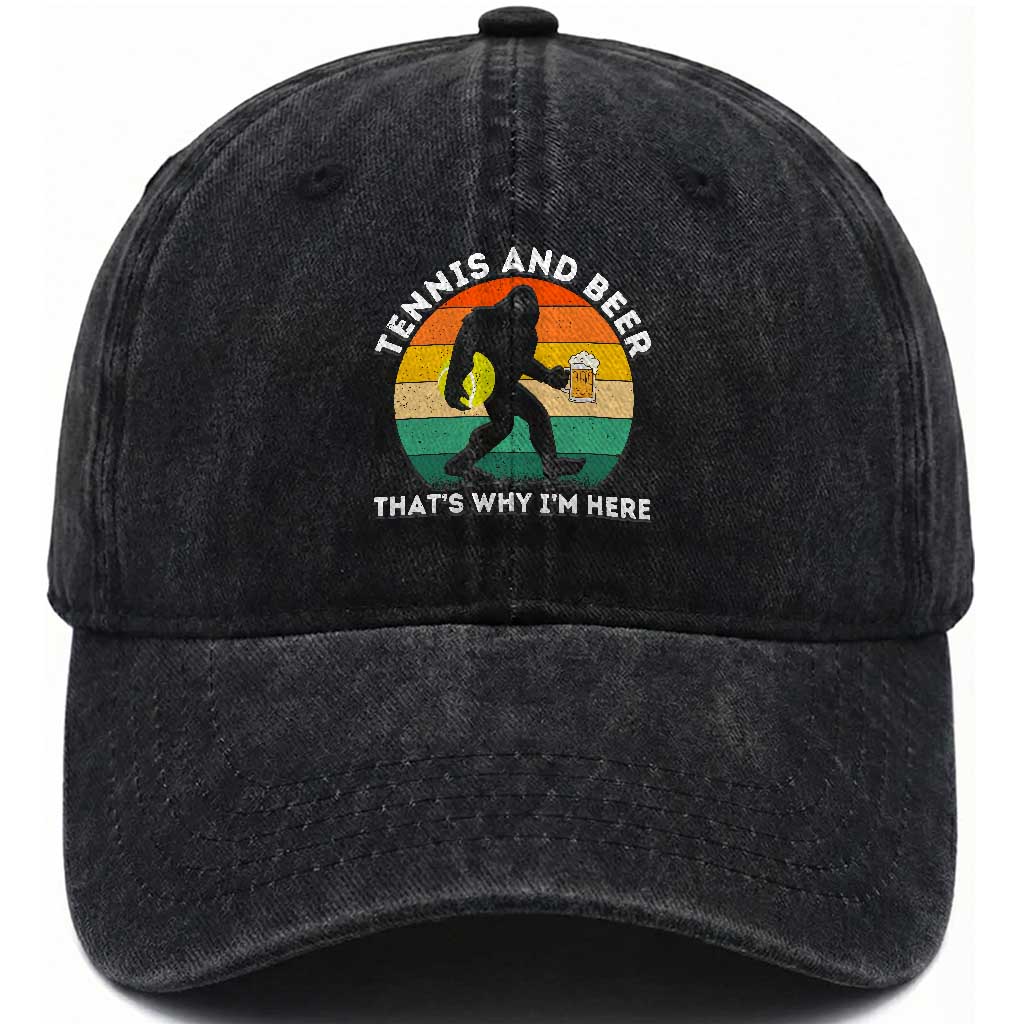 Funny Bigfoot Tennis Player Beer Lover Washed Cotton Baseball Cap That Is Why I Am Here TS12 Print Your Wear
