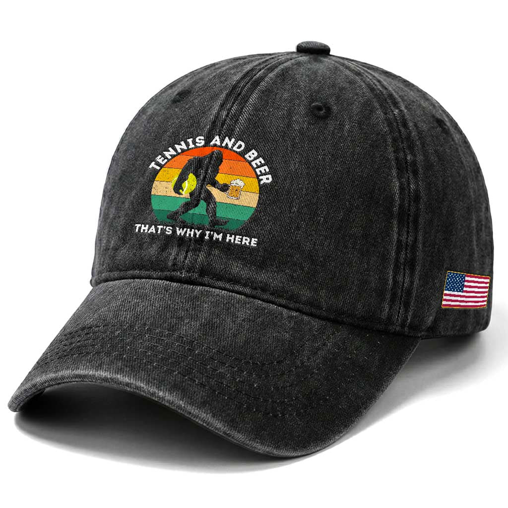 Funny Bigfoot Tennis Player Beer Lover Washed Cotton Baseball Cap That Is Why I Am Here TS12 Print Your Wear