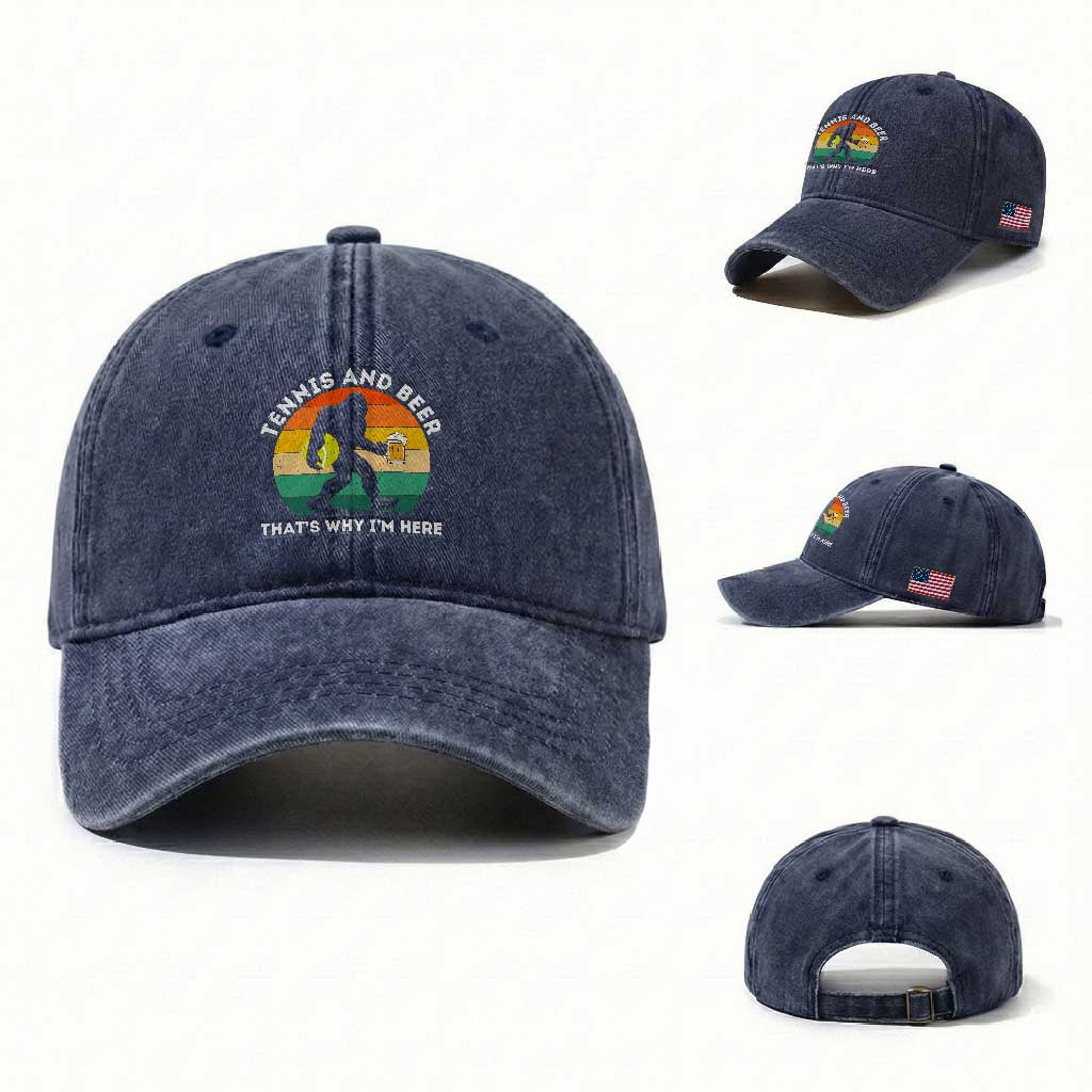 Funny Bigfoot Tennis Player Beer Lover Washed Cotton Baseball Cap That Is Why I Am Here TS12 Washed Cap Universal Fit Navy Print Your Wear