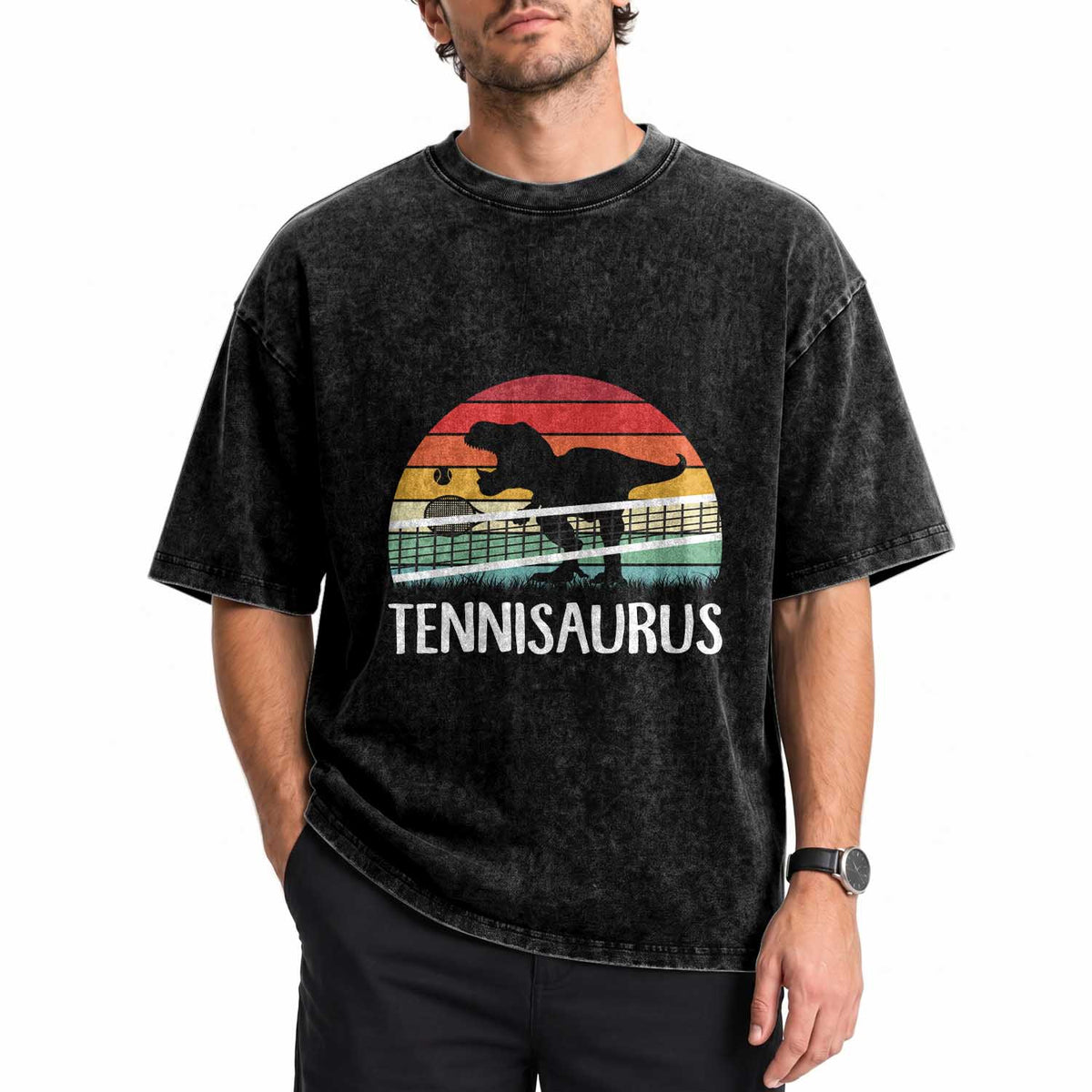 Funny Dinosaur Tennis Player Gift Washed Cotton T-Shirt Tennisaurus