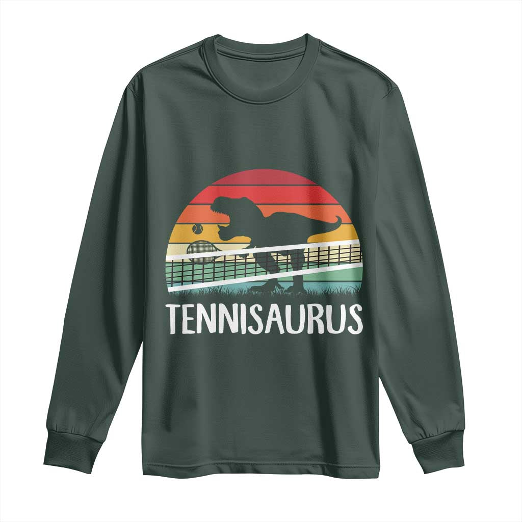 Funny Dinosaur Tennis Player Gift Long Sleeve Shirt Tennisaurus TS12 Dark Forest Green Print Your Wear
