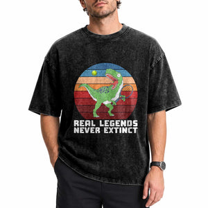 Retro Dinosaur Tennis Player Washed Cotton T-Shirt Real Legends Never Extinct