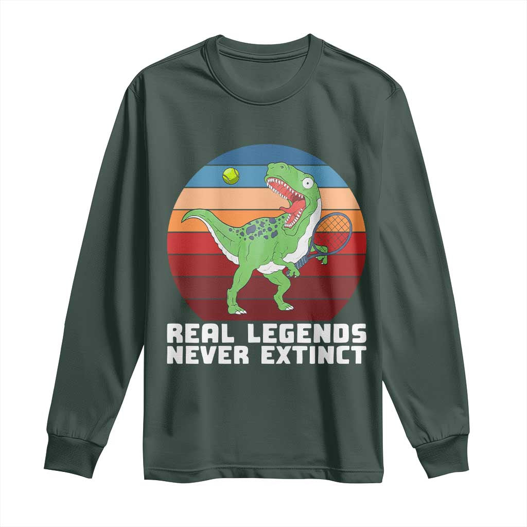 Retro Dinosaur Tennis Player Long Sleeve Shirt Real Legends Never Extinct TS12 Dark Forest Green Print Your Wear