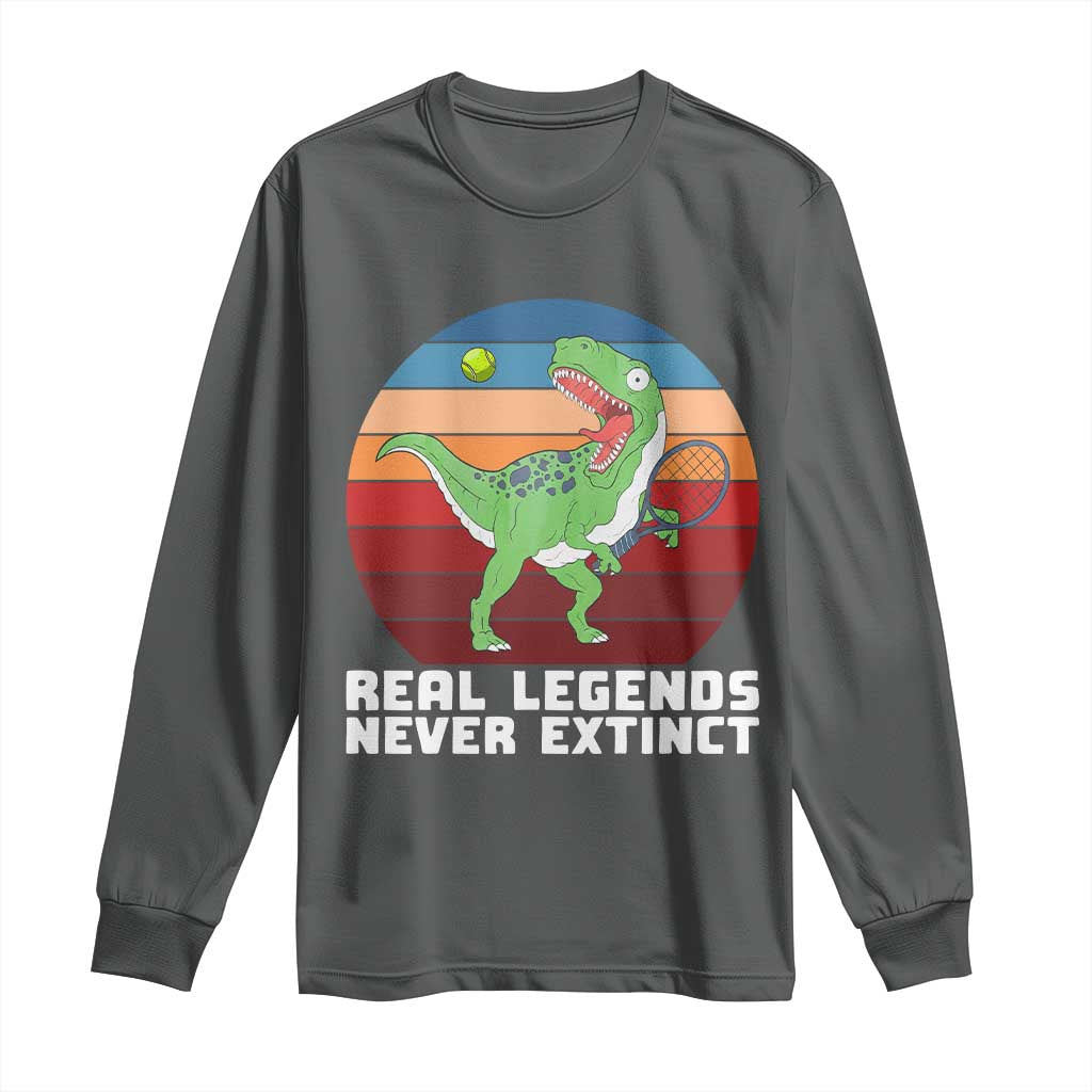Retro Dinosaur Tennis Player Long Sleeve Shirt Real Legends Never Extinct TS12 Dark Heather Print Your Wear