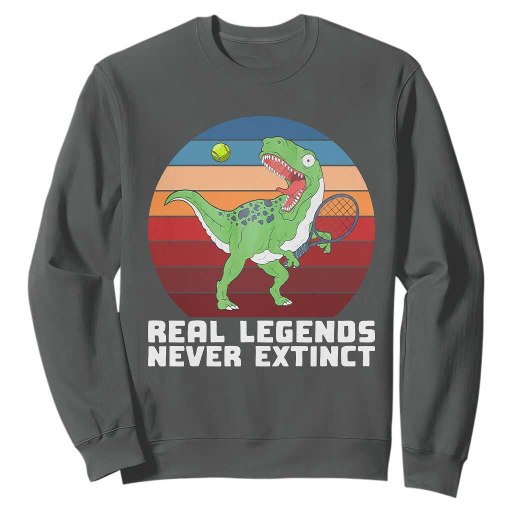 Retro Dinosaur Tennis Player Sweatshirt Real Legends Never Extinct TS12 Dark Heather Print Your Wear