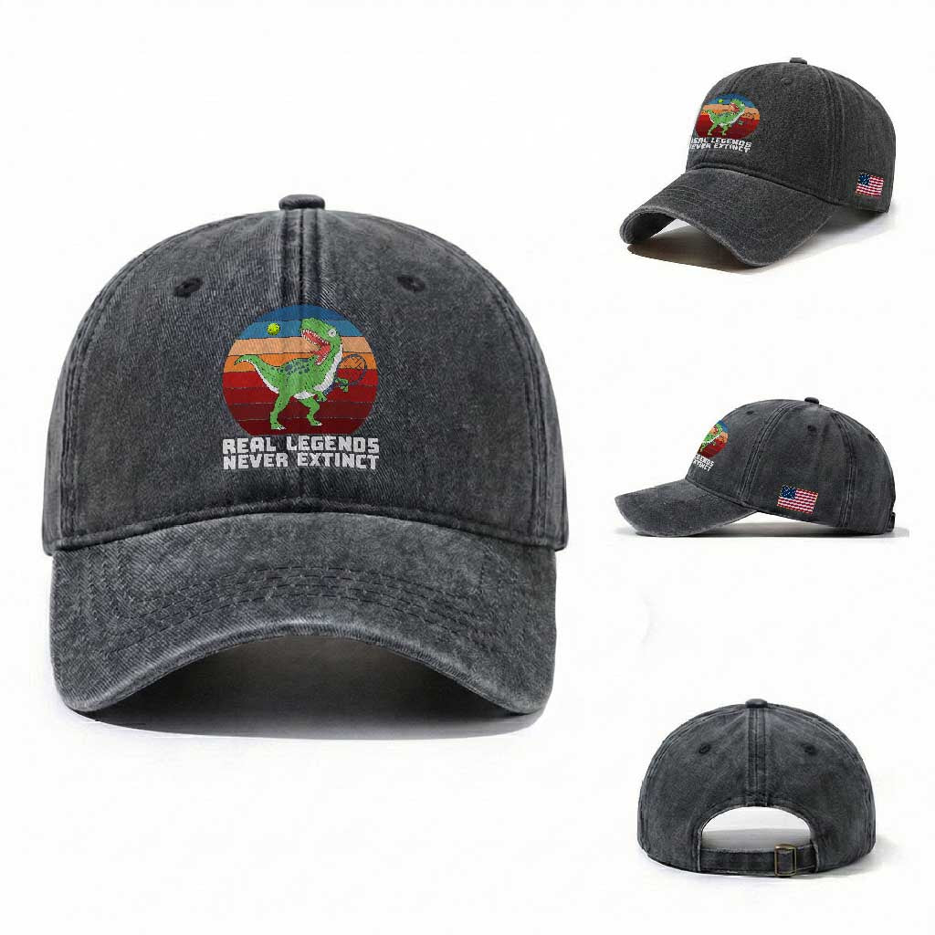 Retro Dinosaur Tennis Player Washed Cotton Baseball Cap Real Legends Never Extinct TS12 Washed Cap Universal Fit Dark Gray Print Your Wear
