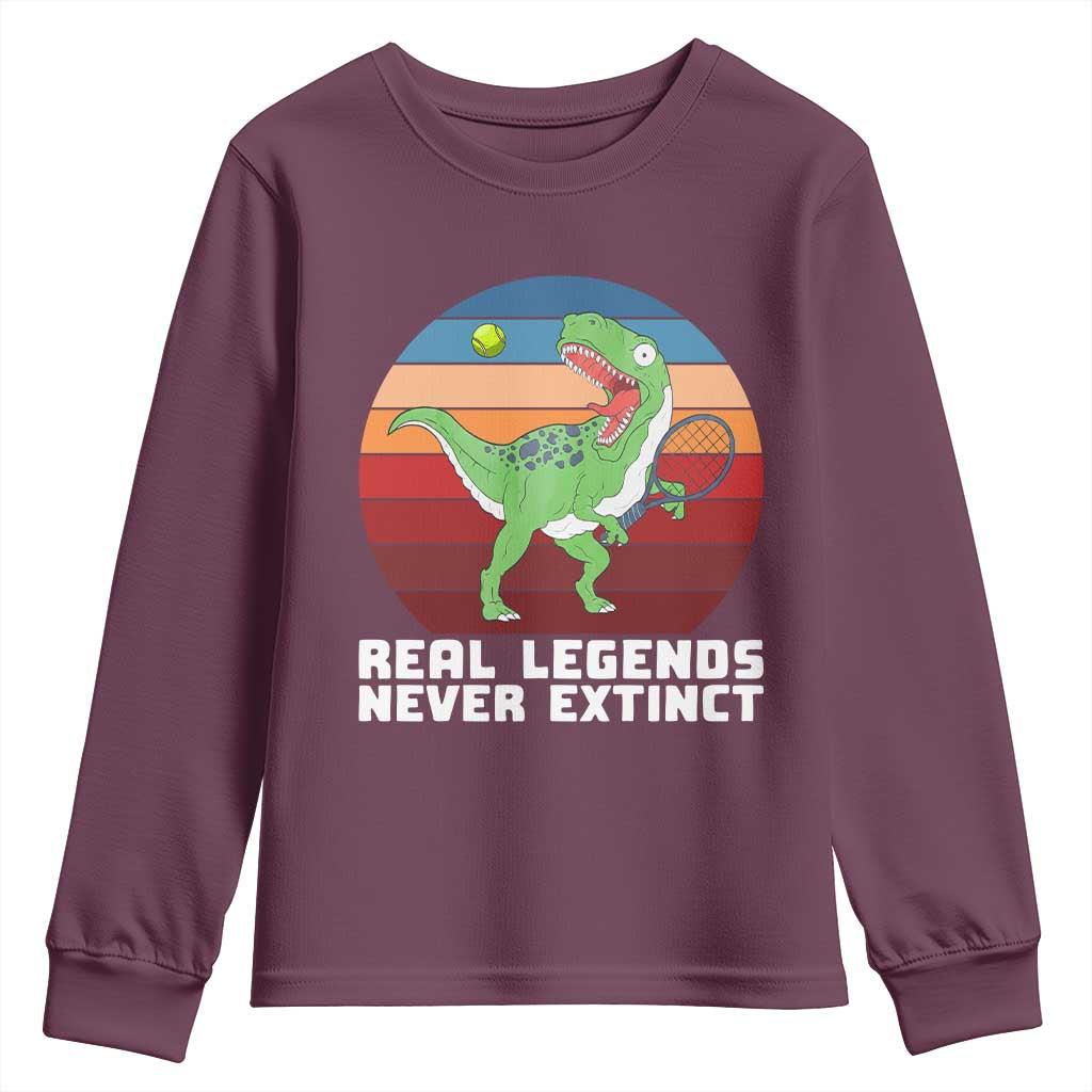 Retro Dinosaur Tennis Player Youth Sweatshirt Real Legends Never Extinct TS12 Maroon Print Your Wear