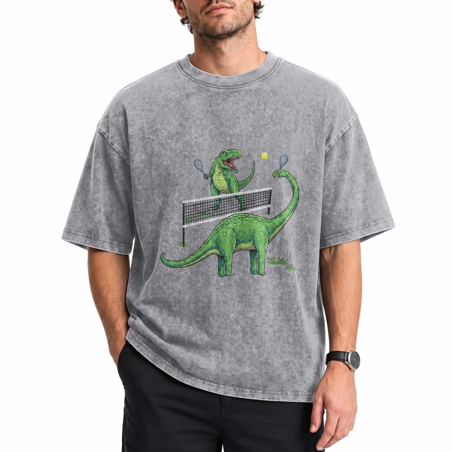 Funny Prehistoric Dinosaur Tennis Player Game Day Washed Cotton T-Shirt