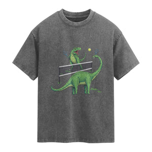 Funny Prehistoric Dinosaur Tennis Player Game Day Washed Cotton T-Shirt