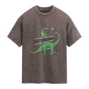 Funny Prehistoric Dinosaur Tennis Player Game Day Washed Cotton T-Shirt