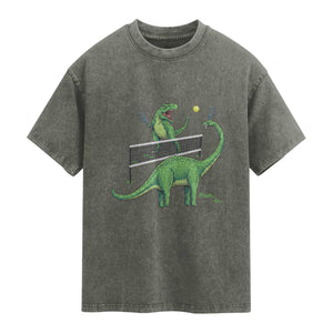 Funny Prehistoric Dinosaur Tennis Player Game Day Washed Cotton T-Shirt