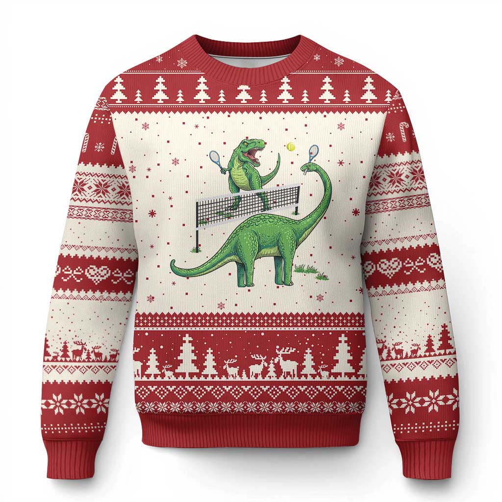 Funny Prehistoric Dinosaur Tennis Player Game Day Ugly Christmas Sweater TS12 Beige Red Print Your Wear