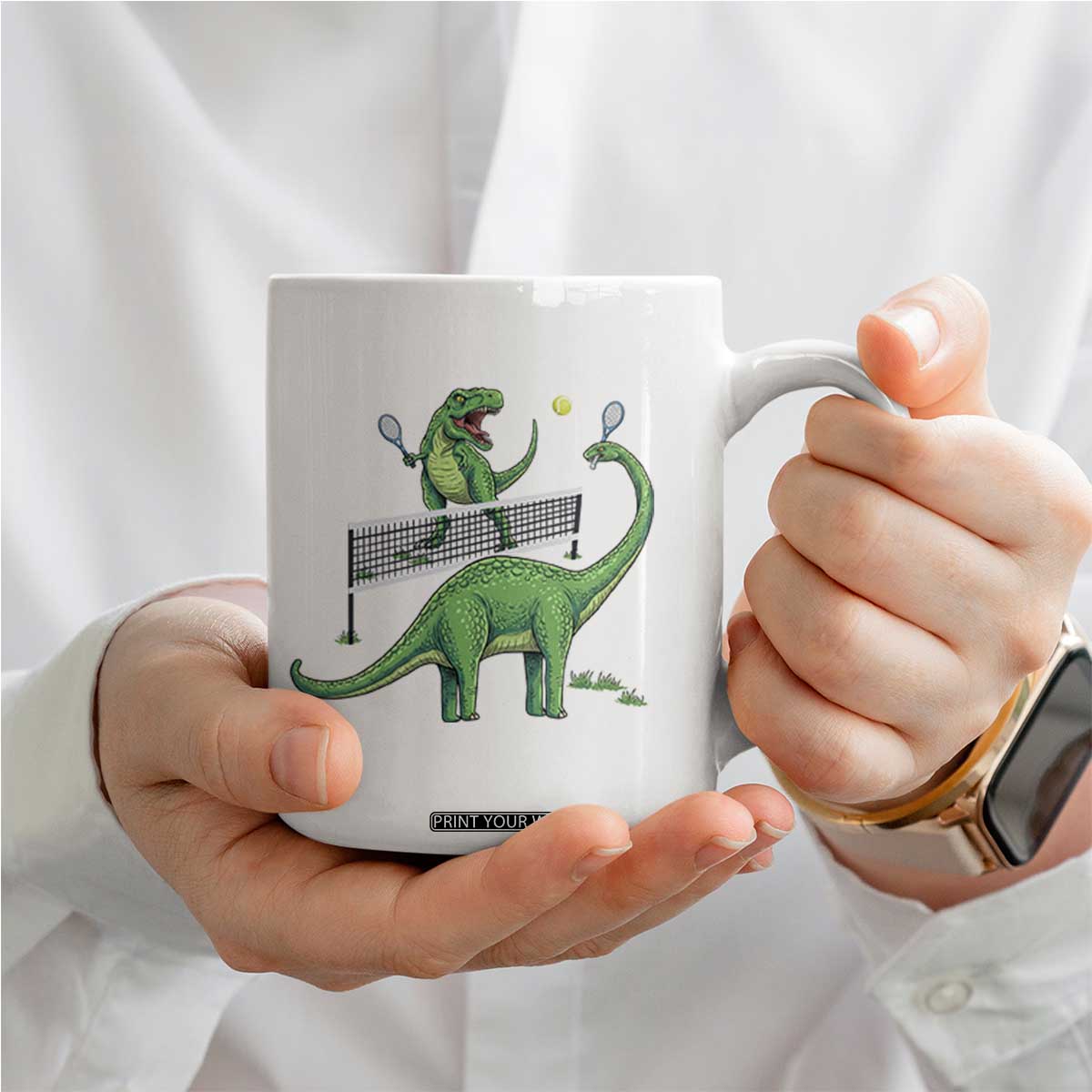 Funny Prehistoric Dinosaur Tennis Player Game Day Coffee Mug TS12 Print Your Wear