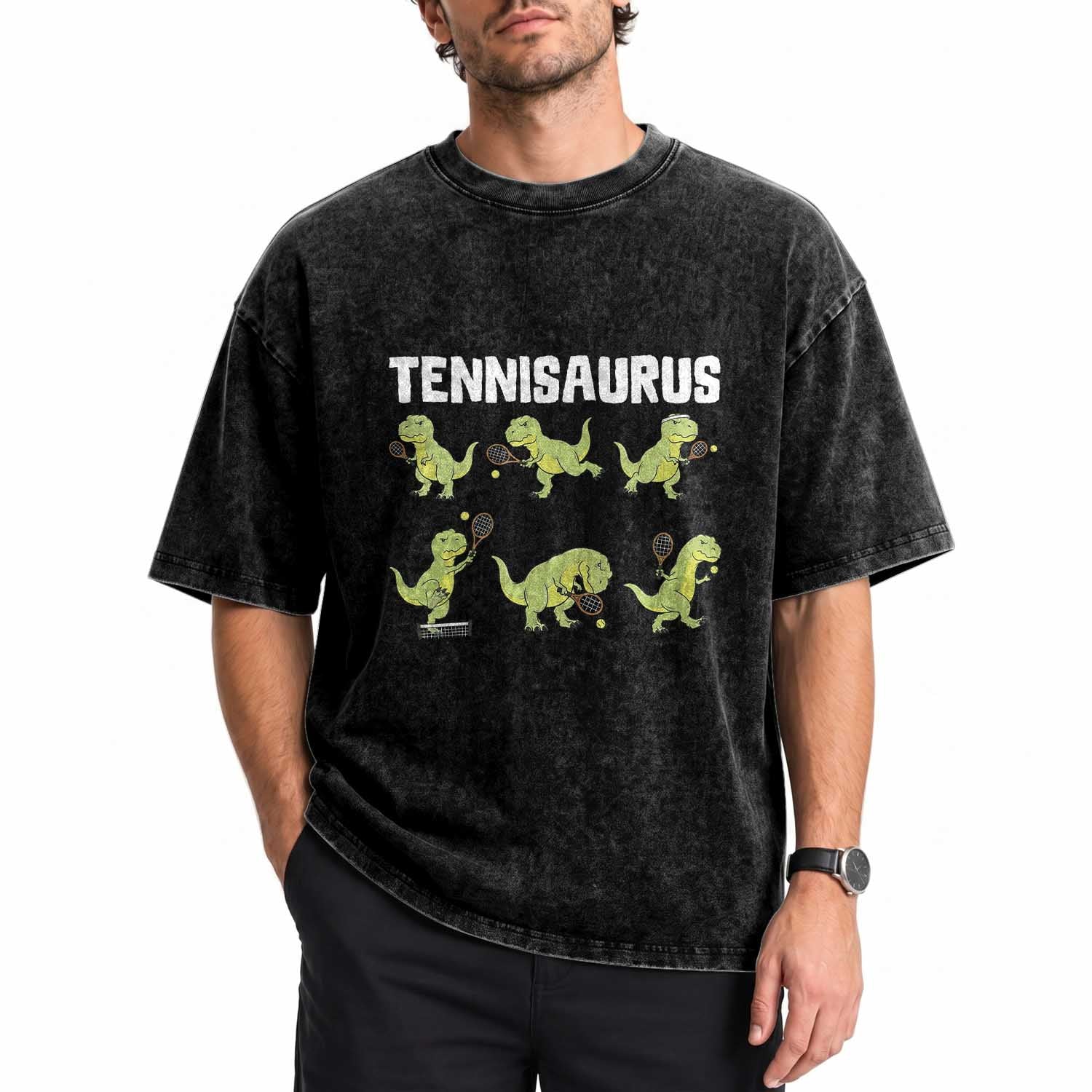 Funny Prehistoric Dinosaur Tennis Player Washed Cotton T-Shirt Gift For Tennis Fans