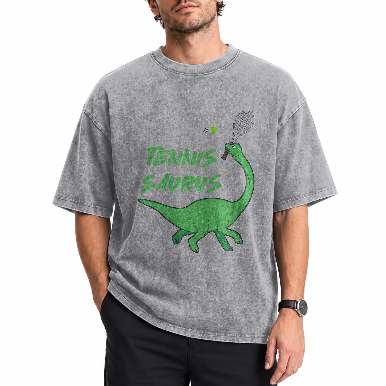 Funny Tennis Dinosaur Tennis Lover Washed Cotton T-Shirt Gift For Tennis Fans