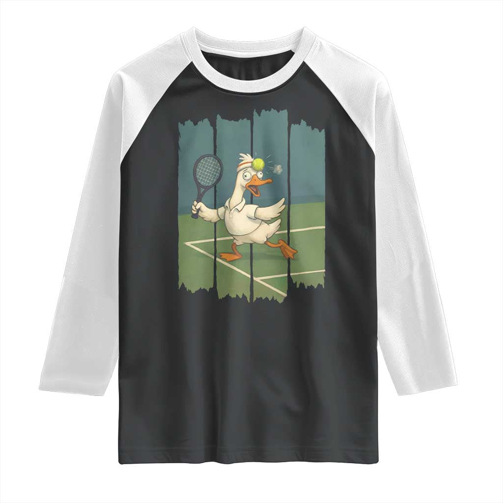 Silly Goose Playing Tennis Raglan Shirt Funny Bird Getting Hit By Ball TS12 Black White Print Your Wear