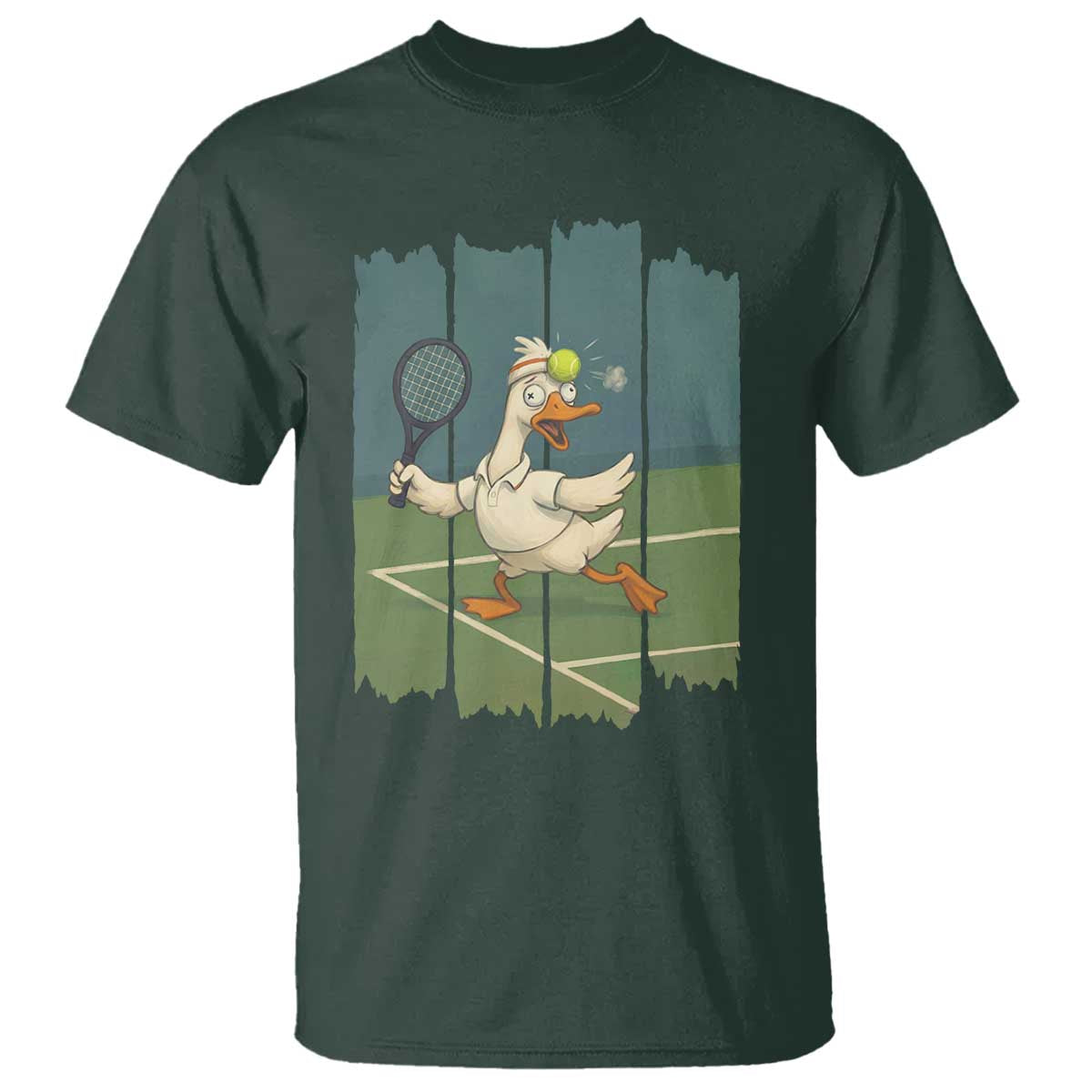 Silly Goose Playing Tennis T Shirt Funny Bird Getting Hit By Ball TS12 Dark Forest Green Print Your Wear