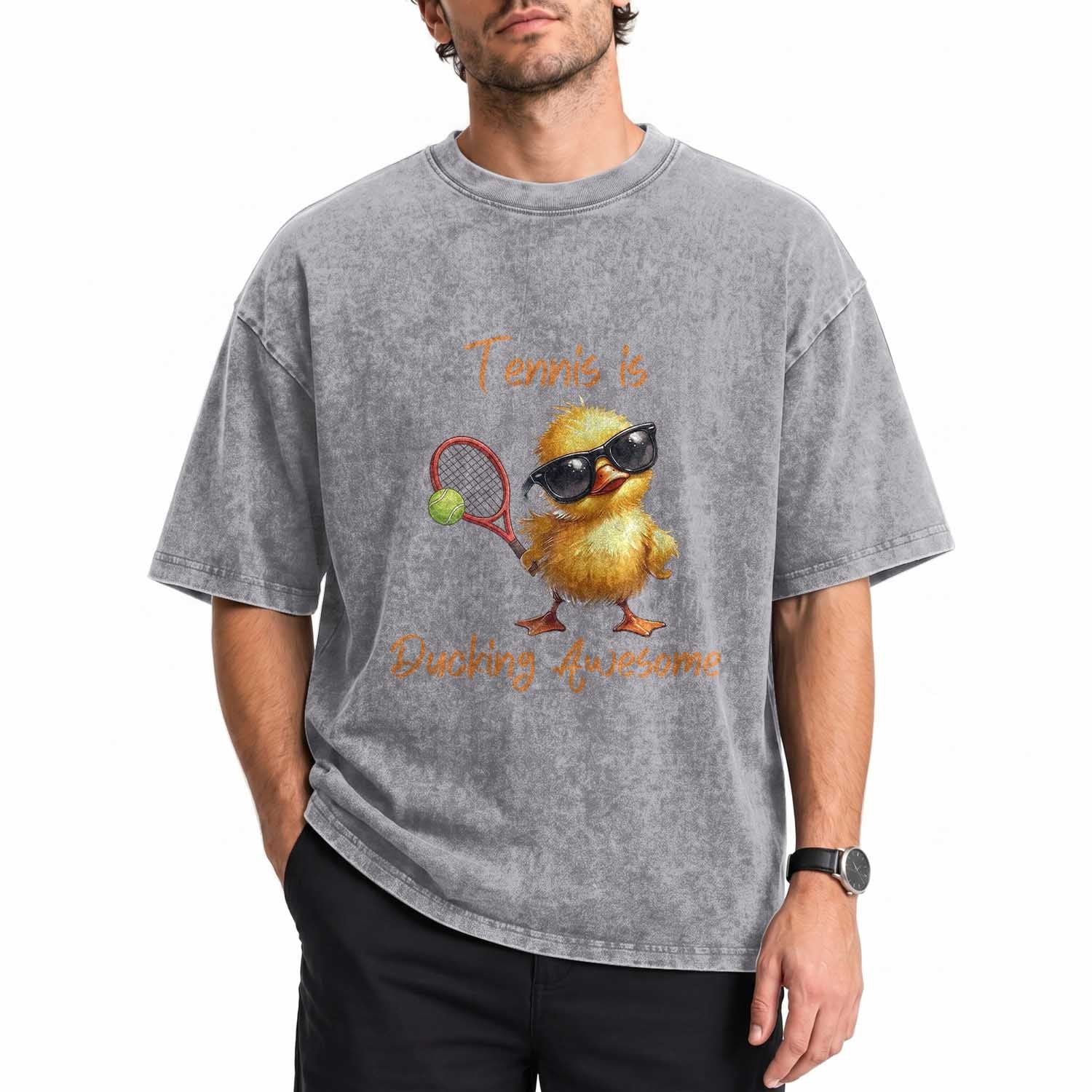Funny Cute Duck Playing Tennis Washed Cotton T-Shirt Ducking Awesome