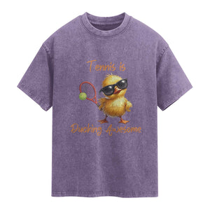 Funny Cute Duck Playing Tennis Washed Cotton T-Shirt Ducking Awesome