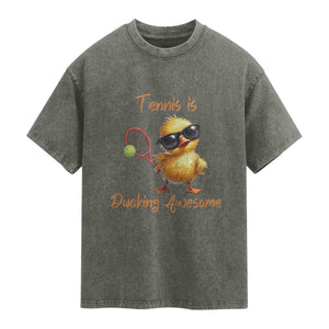 Funny Cute Duck Playing Tennis Washed Cotton T-Shirt Ducking Awesome
