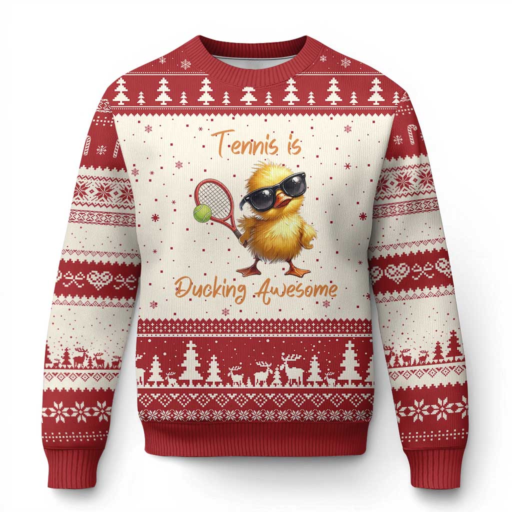 Funny Cute Duck Playing Tennis Ugly Christmas Sweater Ducking Awesome TS12 Beige Red Print Your Wear