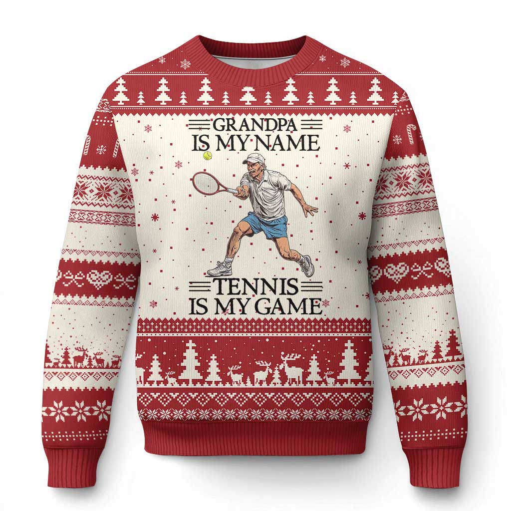 Grandpa Is My Name Tennis Is My Game Ugly Christmas Sweater Funny Tennis Quote TS12 Beige Red Print Your Wear