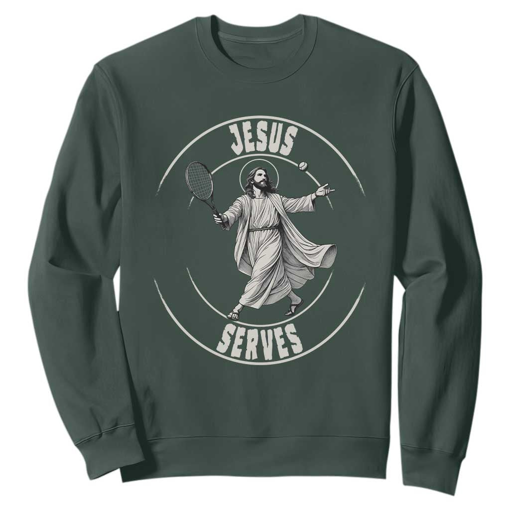 Christian Tennis Funny Gift For Believers Sweatshirt Jesus Serves TS12 Dark Forest Green Print Your Wear