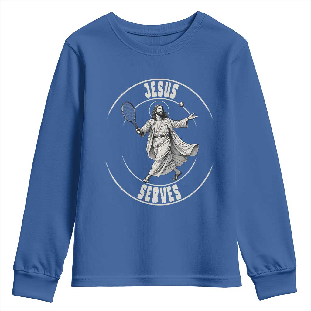 Christian Tennis Funny Gift For Believers Youth Sweatshirt Jesus Serves TS12 Royal Blue Print Your Wear