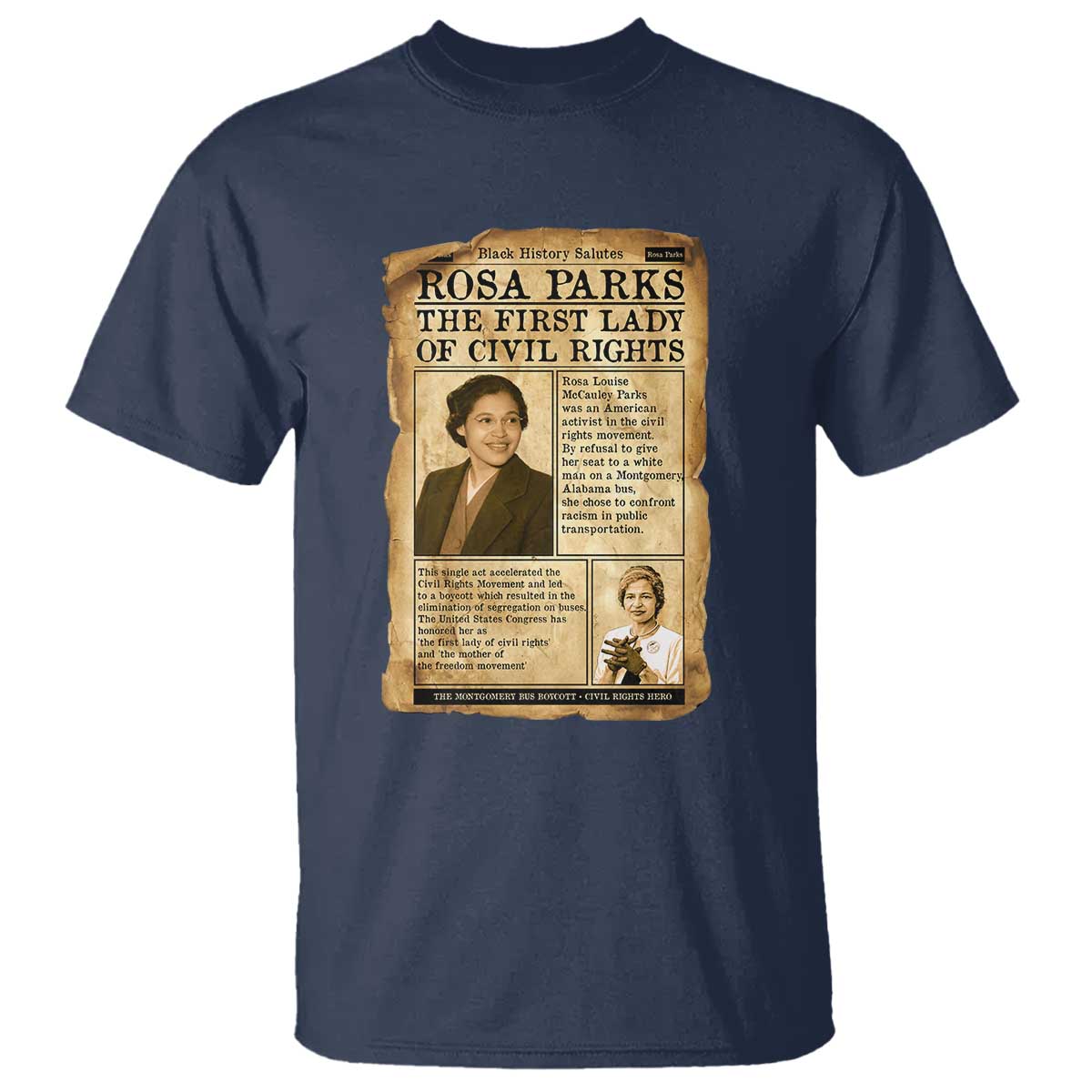 Vintage Newspaper Rosa Parks T Shirt Civil Rights Hero TS12 Navy Print Your Wear