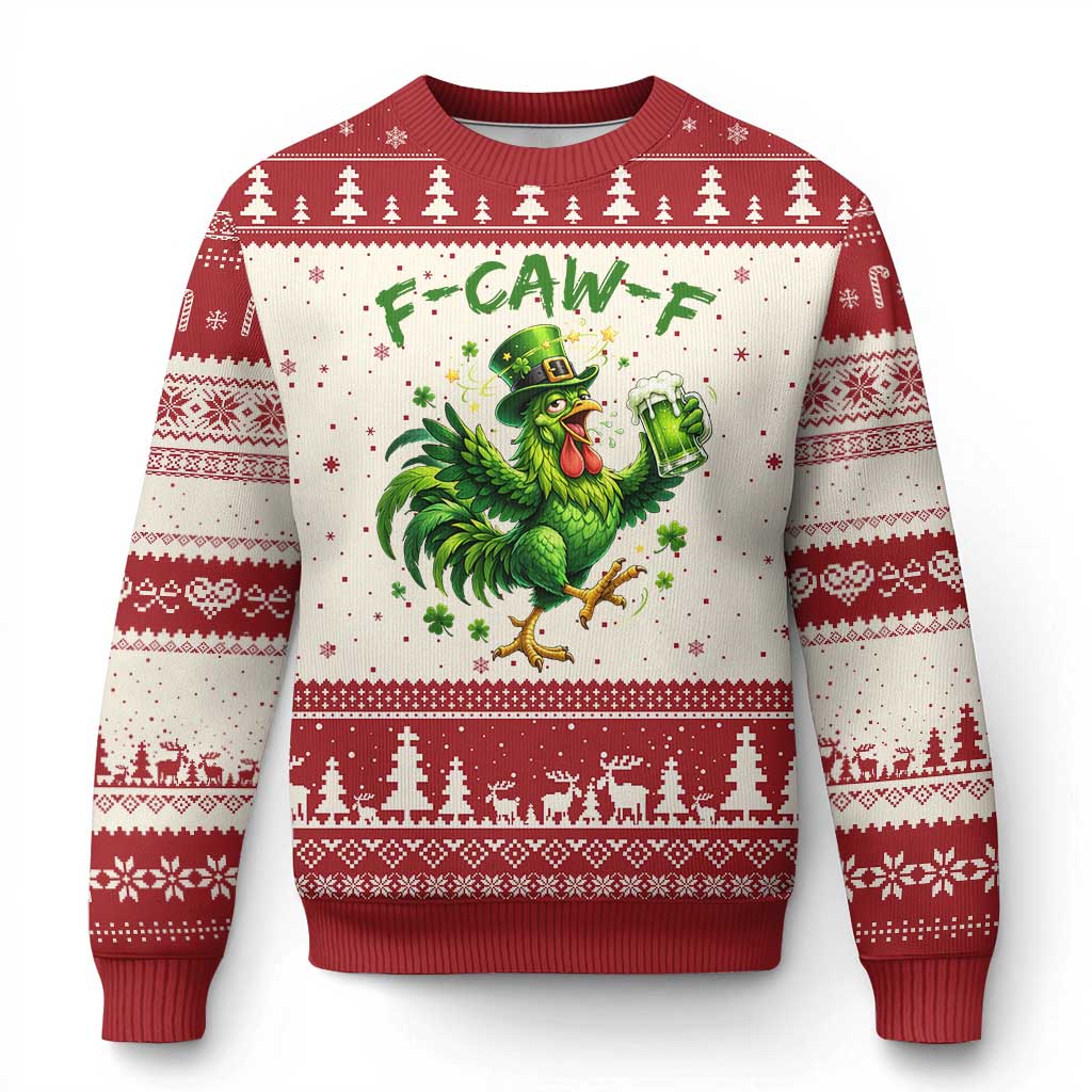 F Caw F Drunk Irish Chicken Ugly Christmas Sweater Funny St Patricks Day Gift TS12 Beige Red Print Your Wear